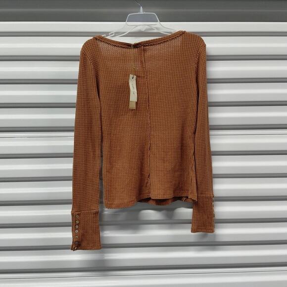 White Crow Boho Waffle Knit Thermal Top Women's Medium Rust Long Sleeve Henley - Picture 3 of 7